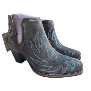 Roper Rowdy Booties Women's 9 Sanded Leather Embroidery Snip Toe Ankle Cut Out